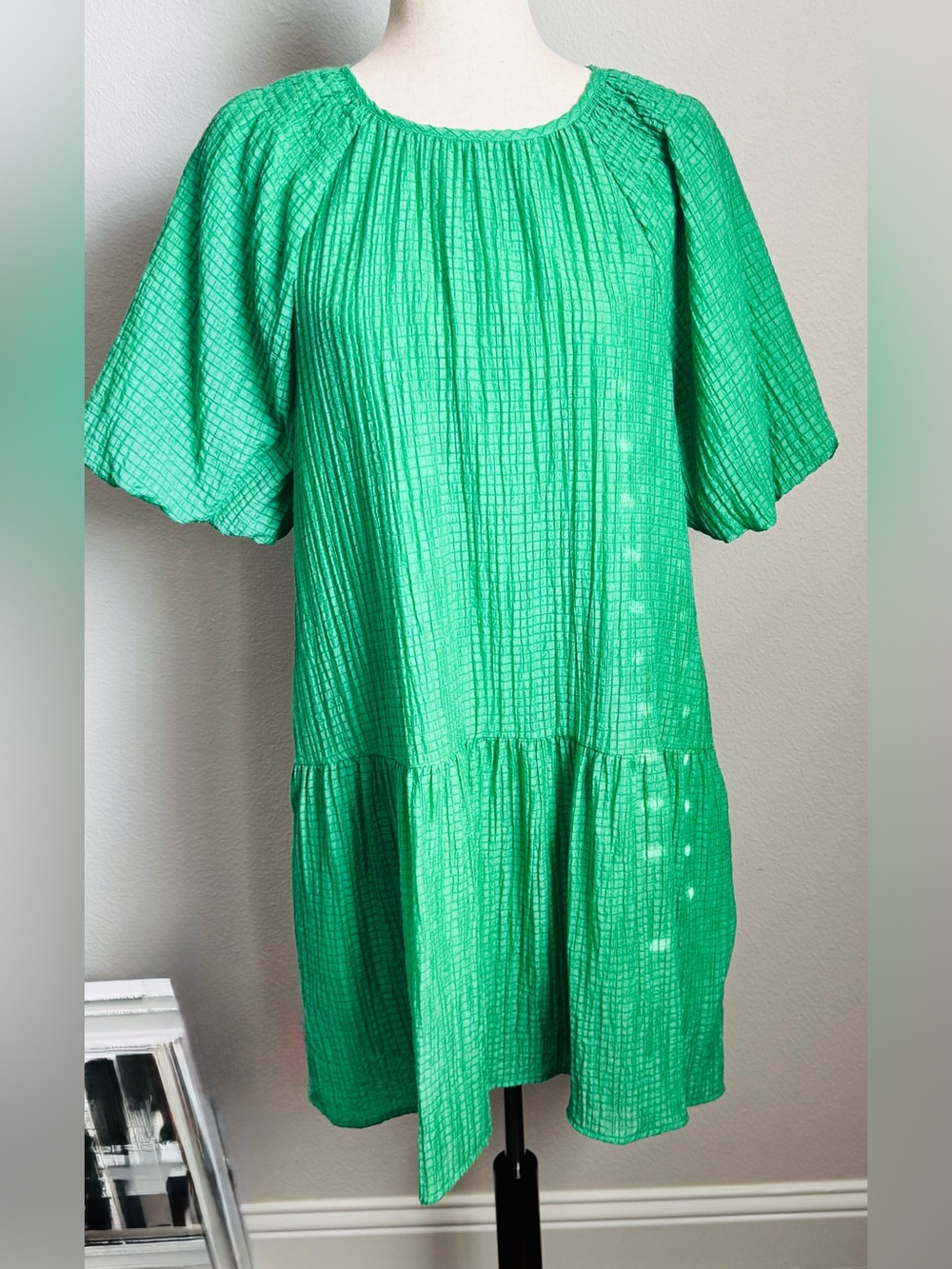 THML Green Tencel Tiered Puff Sleeve Dress Size L